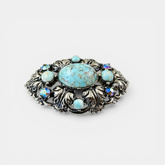 Vintage 1950s Czech Glass Turquoise Brooch, Ornate Silver Tone Filigree Pin - Picture 3 of 5